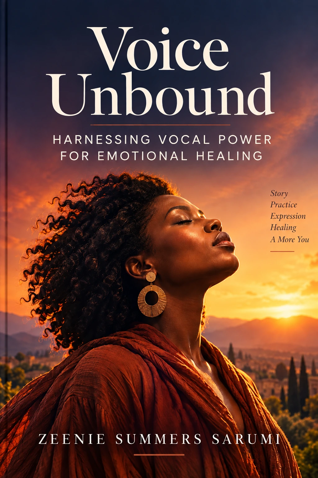 Voice Unbound book cover: a woman with her eyes closed and face lifted towards a sunset sky